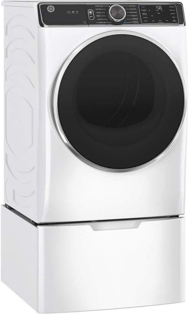 GE GFD85ESSNWW 28" Front Load Electric Dryer with 7.8 cu. ft. Capacity Stainless Steel Drum Built-in WiFi Sanitize Cycle and Damp Alert in White