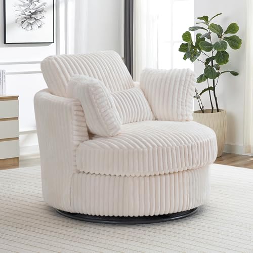 Chair and A Half with Ottoman, 360° Swivel Accent Barrel Chair Modern Comfy Round Reading Sofa Swivel Chairs Circle Lounge Chair for Bedroom Living Room w/4 Pillow Lower Seating Heigh (White, Large)
