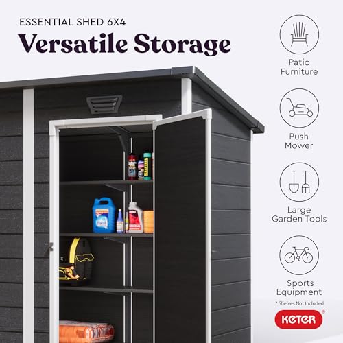 Keter Essential Shed 4x6 Resin Outdoor Storage Shed Ideal Storage for Patio Furniture, Garden Tools Bike Accessories, Beach Chairs and Lawn Mower, Black and White