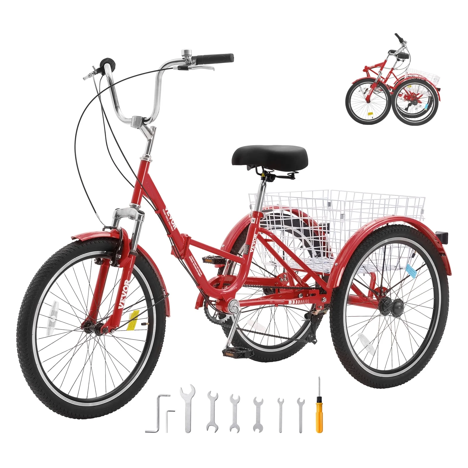 SKYSHALO Folding Adult Tricycle 26" 7-Speed Adult 3 Wheel Trike Carbon Steel Red - Curated Treasures Market