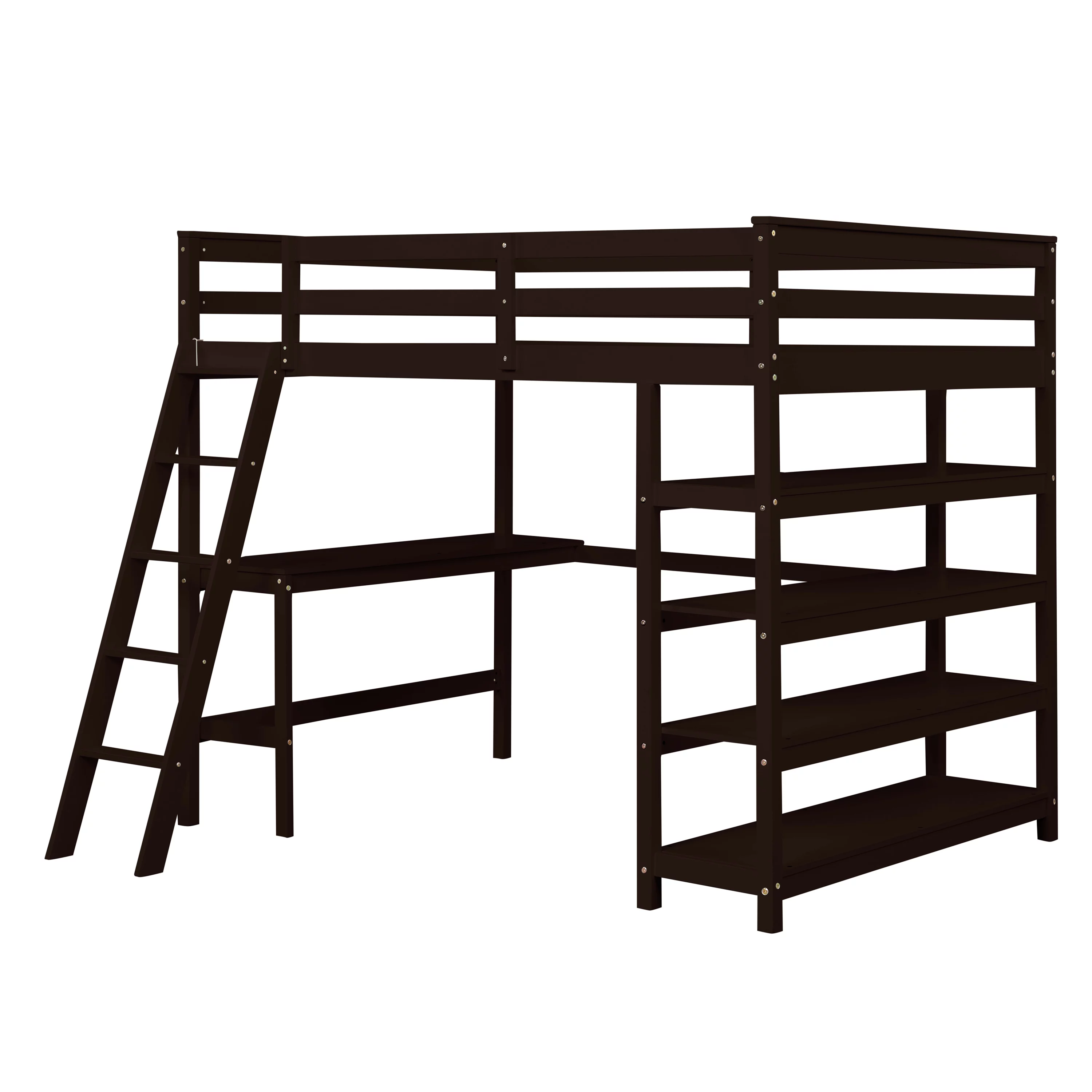 Wooden Full Loft Bed with Desk, Full Size Bunk Bed with 4 Tier Storage Shelves, Workstation Desk, Safety Rail, Wider Ladder for Kids Teens Adults, Space Saving Design, No Spring Box needed, Espresso