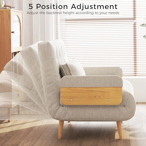 3-in-1 Convertible Chair Bed Sleeper for Adults, Linen Convertable Sleeper Chair with Wooden Arms & Pillows, Foldable Single Futon Sofa Bed (Mid Century with Walnut Arm, 36.6" Wide)