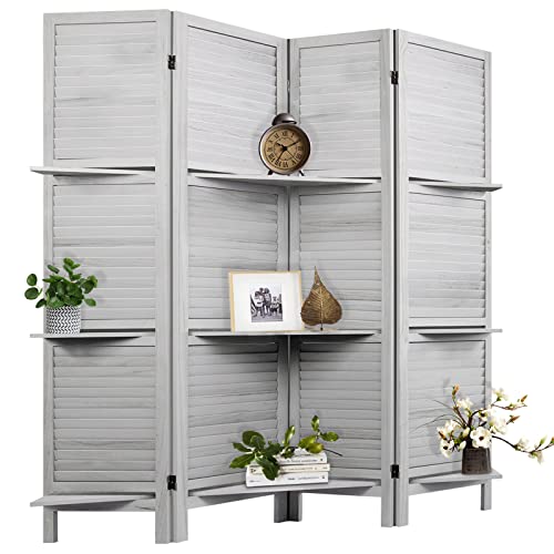 Room Divider with Shelves, Privacy Screen, Room Dividers and Folding Privacy Screens, 5 Panel Wood Temporary Wall Partition Separation Separator, Coconut