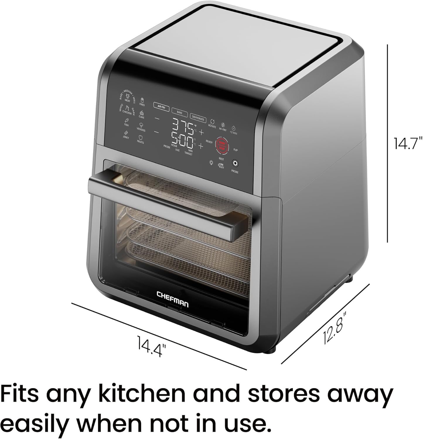 CHEFMAN ExacTemp™ 12 Quart 5-in-1 Air Fryer with Integrated Smart Cooking Thermometer, 28 Touchscreen Presets, Rotisserie, Dehydrator, Bake, XL Convection Oven with Auto Shutoff, Black