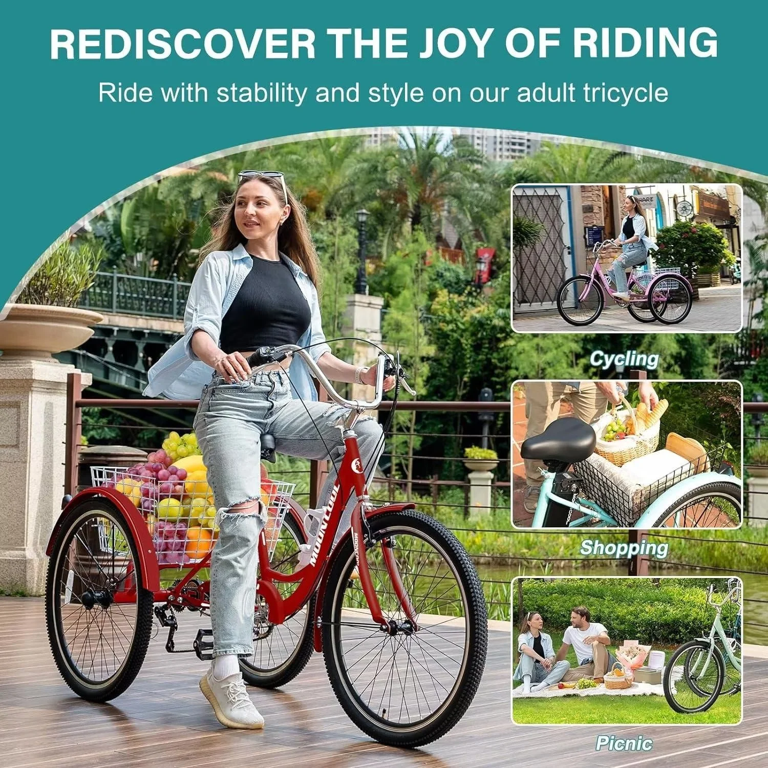 MOPHOTO Adult Tricycles 3 Wheel 7 Speed Trikes, 20/24/26 inch with Big Basket for Shopping, Picnics Exercise Men's Women's Senior's Trike