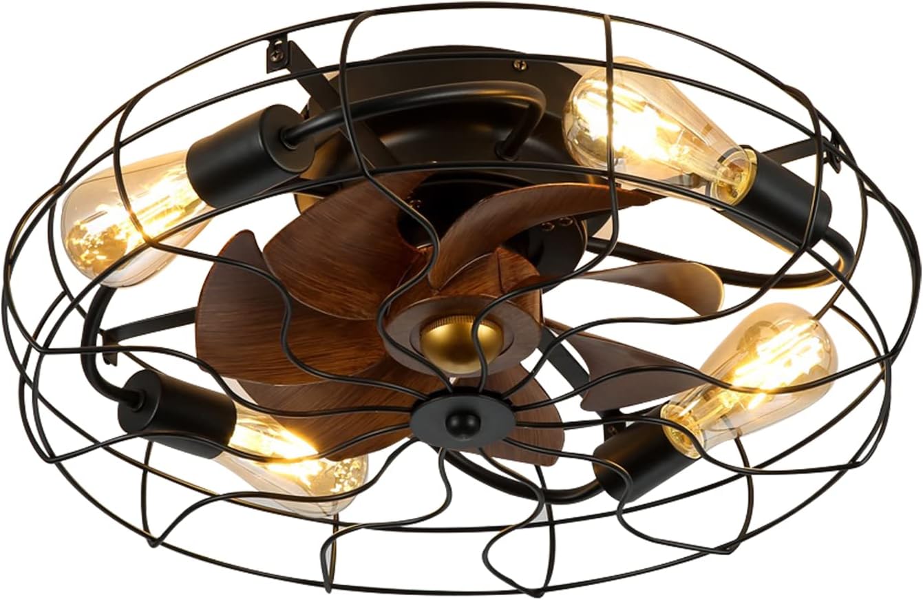 20'' Ceiling Fan with Lights and Remote Control, Flush Mount Caged Low Profile Ceiling Fan, Farmhouse Bladeless Ceiling Fan with Light, Smart Industrial Black Ceiling Fan Light 3 Speeds Timing