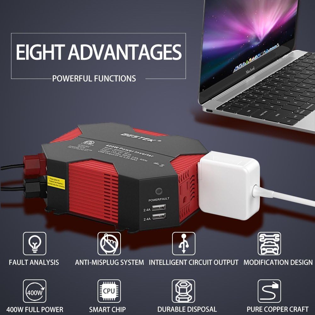 BESTEK 400W/500W DC 12V 110V Inverter with 4 USB Charging Ports, Power Converter with 2 AC Outlets Battery Clip Charger, Car Adapter (Upgrade Version) Pack of 2