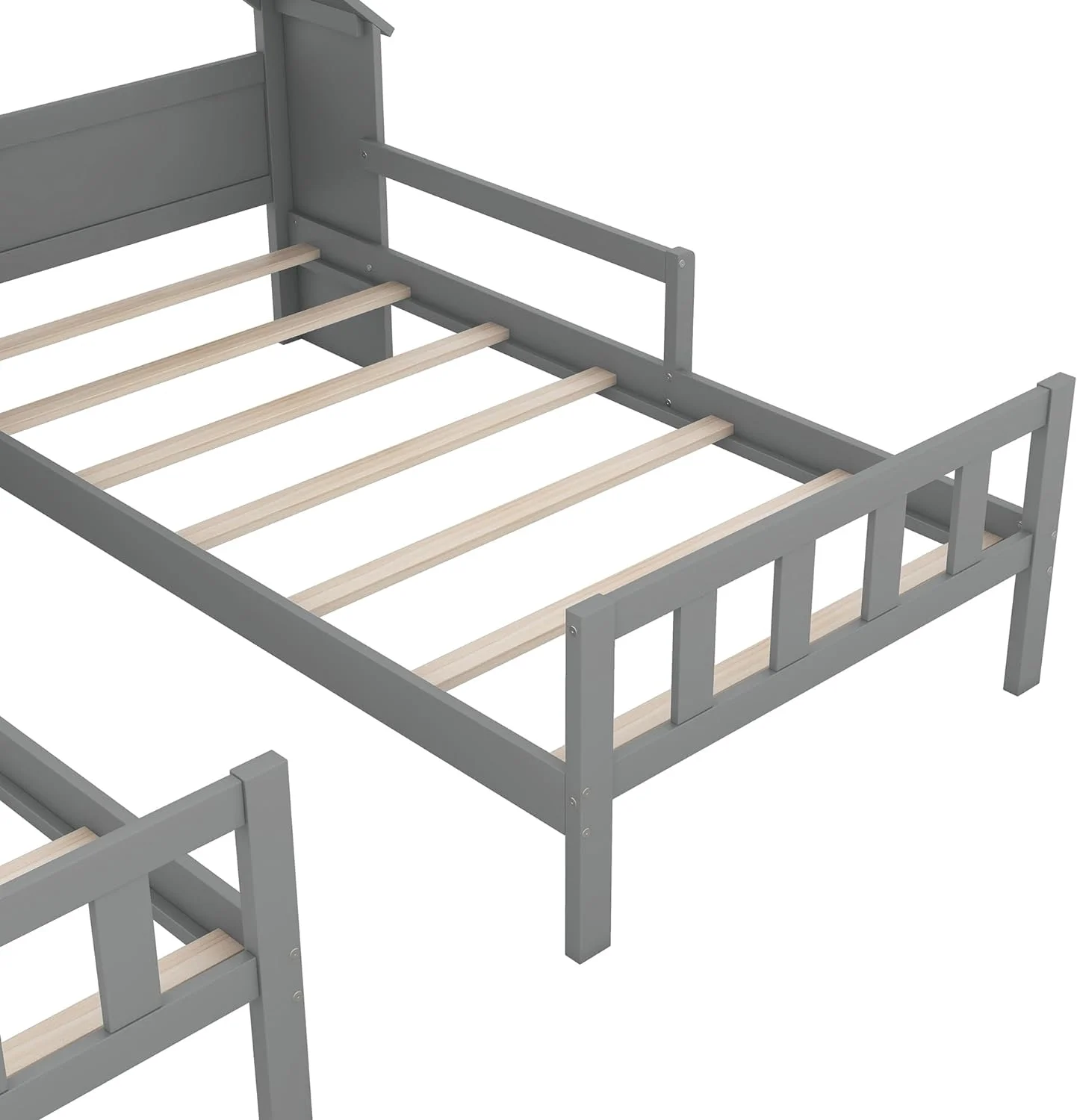 Double Size Platform Bed, Shared Bed Frame With House-Shaped Headboard And A Built-In Nightstand,Grey