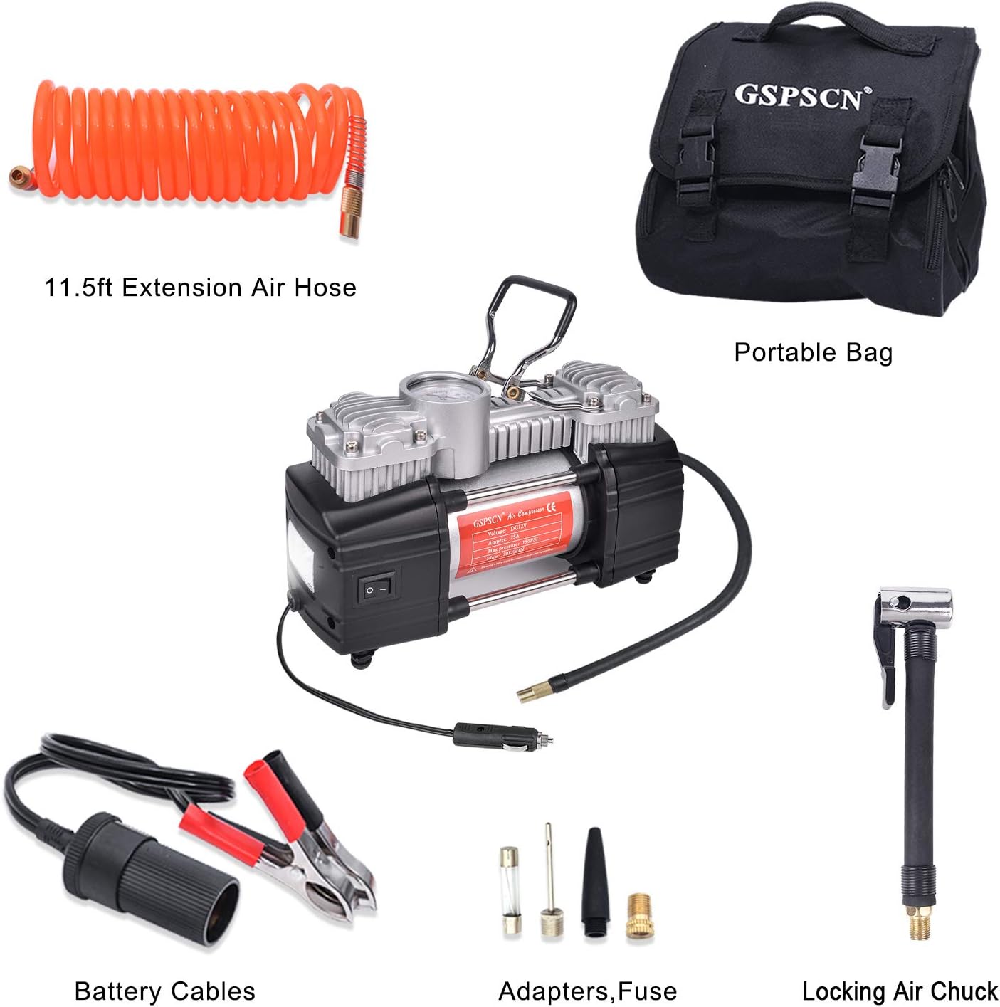 GSPSCN Portable Tire Inflator Double Cylinder Air Compressor Pump with LED Light, 12V Air Pump for Car Tires, 150 PSI Heavy-Duty Metal Tire Pump with Locking Air Chuck for Auto,SUV,RV,Truck,Balls Pack of 2