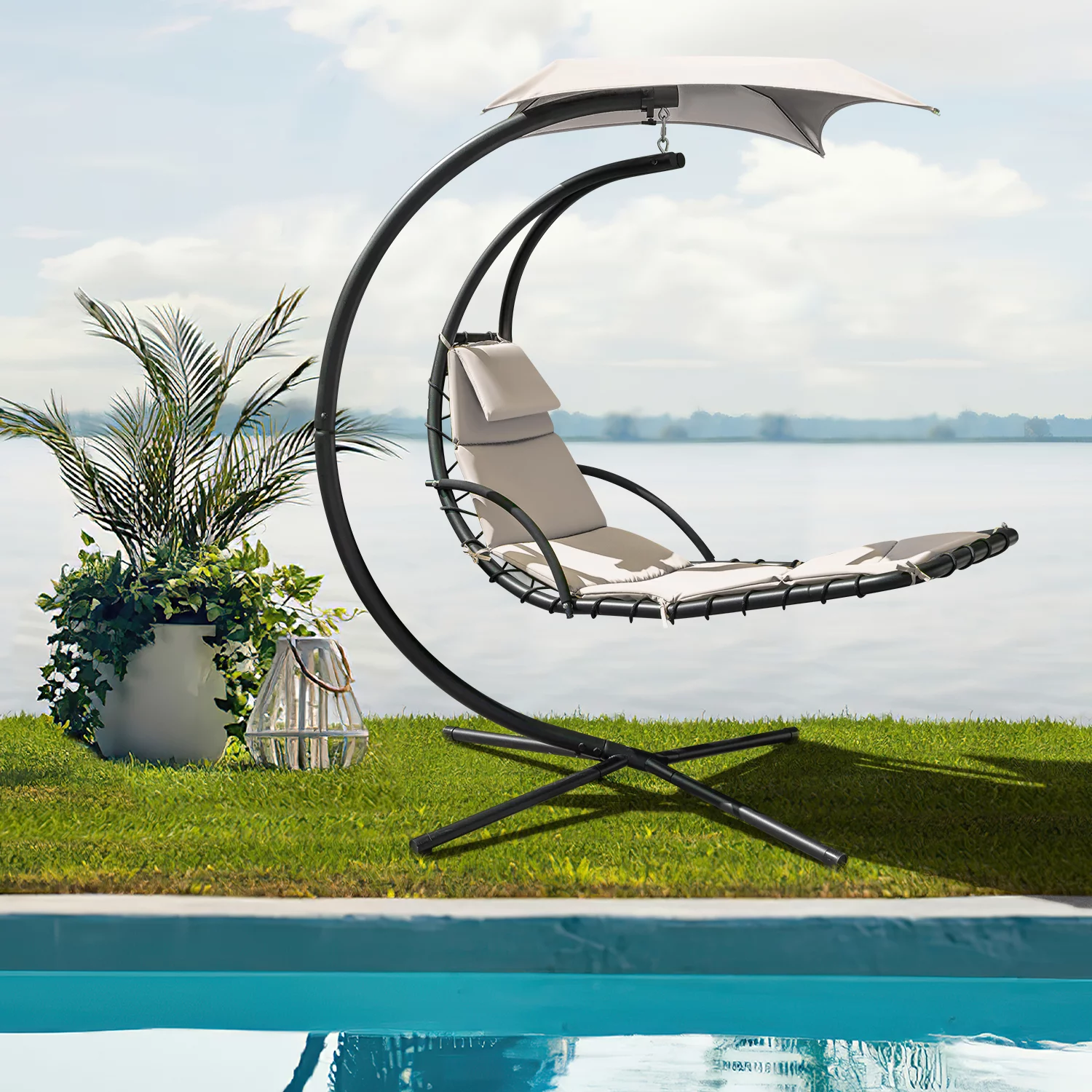 Vineego Outdoor Curved Hanging Chaise Lounge Chair Floating Chaise Lounger Patio Swinging Hammock w/Pillow, Removable Canopy & Steel, Beige