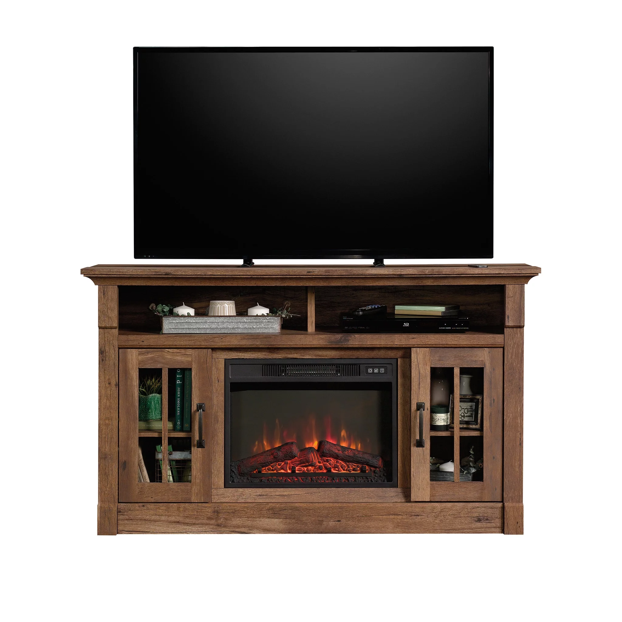 Sauder Rustic Fireplace TV Stand for TVs up to 50", Vintage Oak Finish