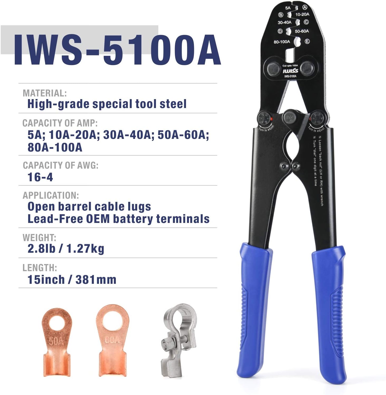 IWISS Battery Cable Lug Crimping Tool for Open Barrel Lug,Lead-Free OEM Battery Terminals,B Type Crimper for AWG 16-4