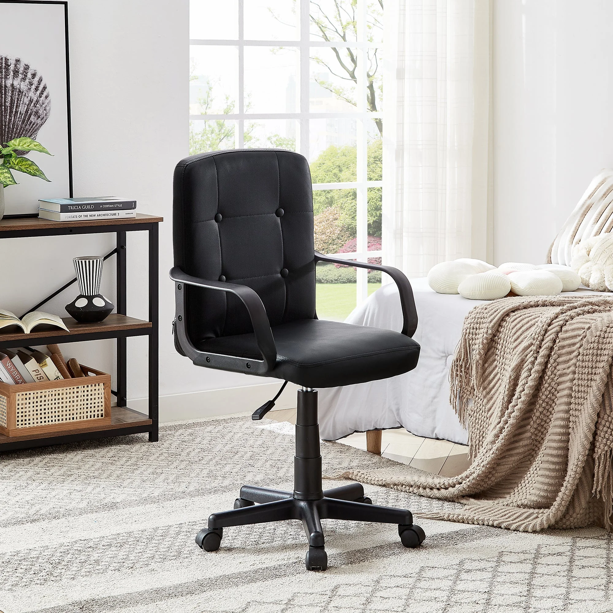 VECELO Corner Computer Desk & Chair Set, Ergonomic High Back Adjustable Height Office Chair and Study Writing Table with Keyboard Tray and Storage Shelf, Black