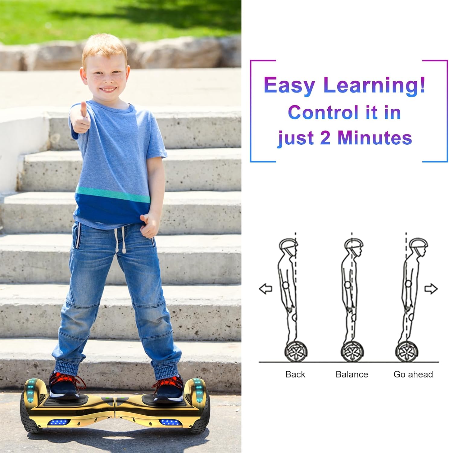 SISIGAD Electric Hoverboard, 6.5 inch Tires, 200 Lbs. Max Weight, Hoverboard with LED light, Gifts for Kids and Adults, Golden