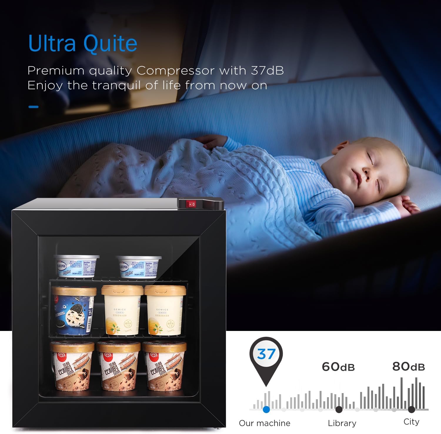 ADT Mini Freezer with Display Glass Door 1.1 Cu Ft Small Freezer with 2 Removable Shelves 7 Temperature Settings -8°F to 14°F Perfect for Liquor and Ice Cream