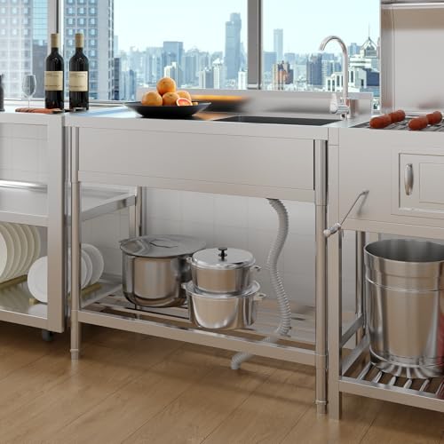 Stainless Steel Free-Standing Utility Sink, Single Bowl Freestanding Laundry Sink with Faucet, Drainboard, Storage, Hot & Cold Water Plumbing for Restaurant, Workshop, Home, 24x20x41 in
