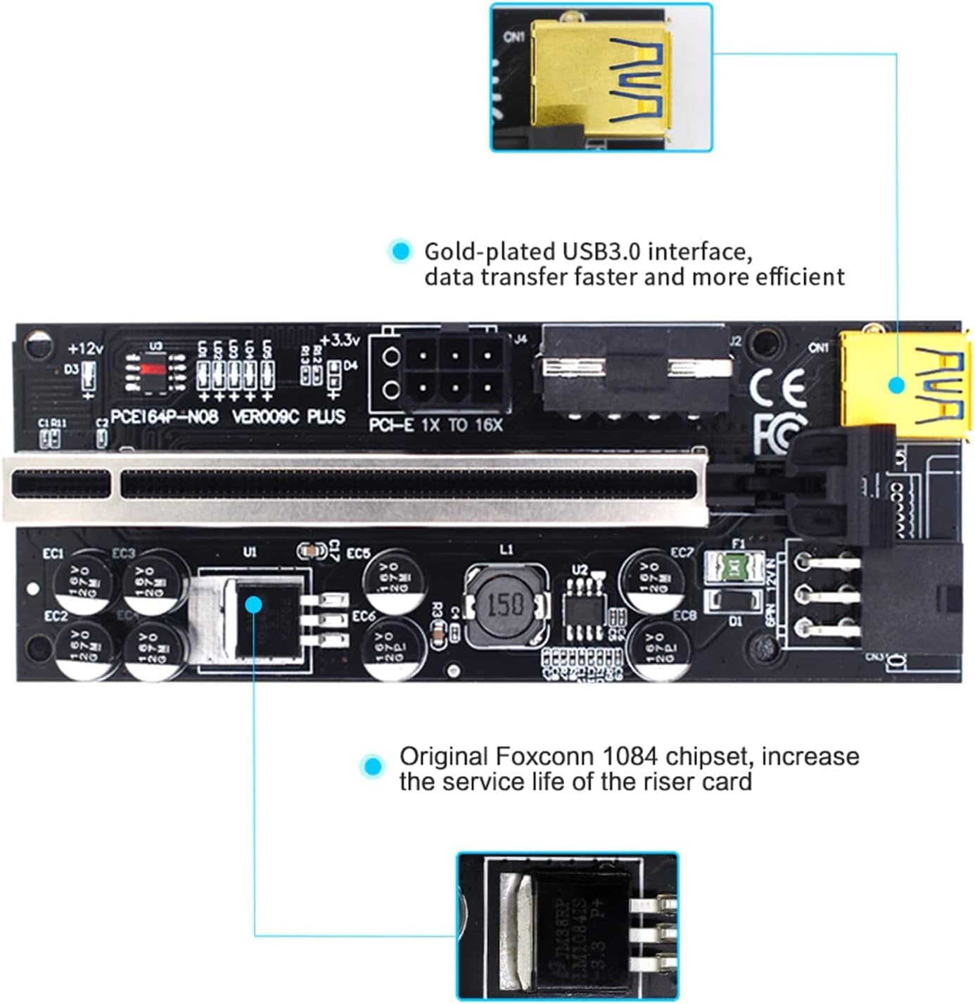 6PCS Riser VER009C Plus USB 3.0 PCI-E Riser VER009C Plus Express Cable Riser for Video Card X16 Extender PCI-E Riser Card for Mining Pack of 2