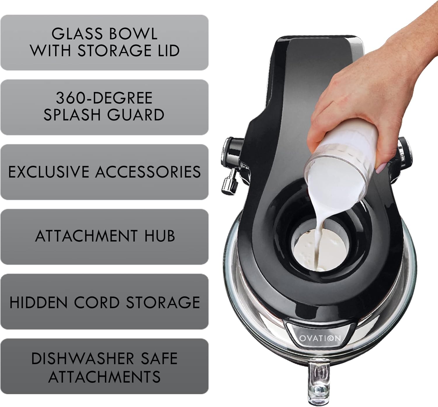 Kenmore Elite Ovation 5 Qt Stand Mixer, 500 Watt 10-Speed Motor, Revolutionary Pour-In Top, Tilt Head, Beater, Whisk, Dough Hook, Planetary Mixing, 360-Degree Splash Guard, Glass Bowl with Lid, Grey