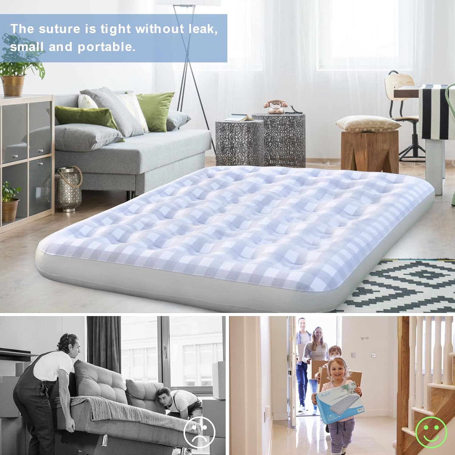 Giftway Queen Air Mattress Air Bed - Upgraded Inflatable Air Mattresses with Flocked Top Waterproof Cover Repair Kit -Foldable Blow Up Bed for Camping/Home/Guest/Travel - Housewarming Gifts for Family