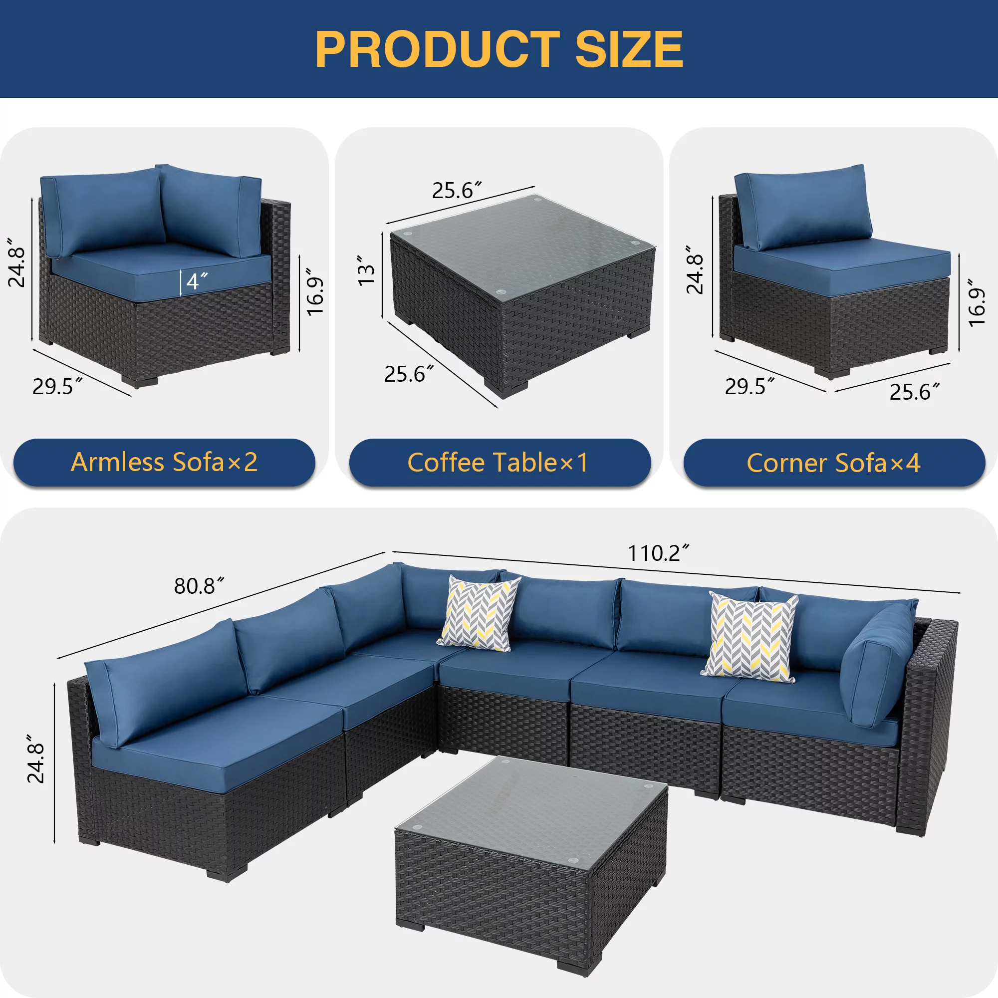 Walsunny 7 Pieces Patio Outdoor Furniture Sets,All-Weather Rattan Sectional Sofa with Tea Table&Washable Couch Cushions Aegean Blue