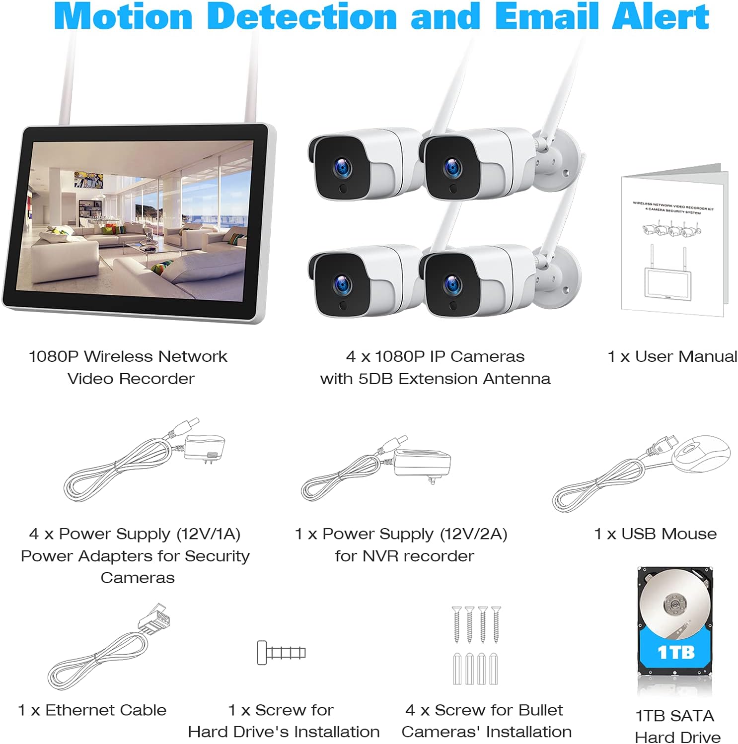 Topiacam All in One 1080P Wireless Security Camera System with 1TB Hard Drive & 12 Monitor, 8CH NVR Video 4pcs 2.0MP Outdoor Home Surveillance IP Cameras Night Vision Motion Detection, (W400+BC272)