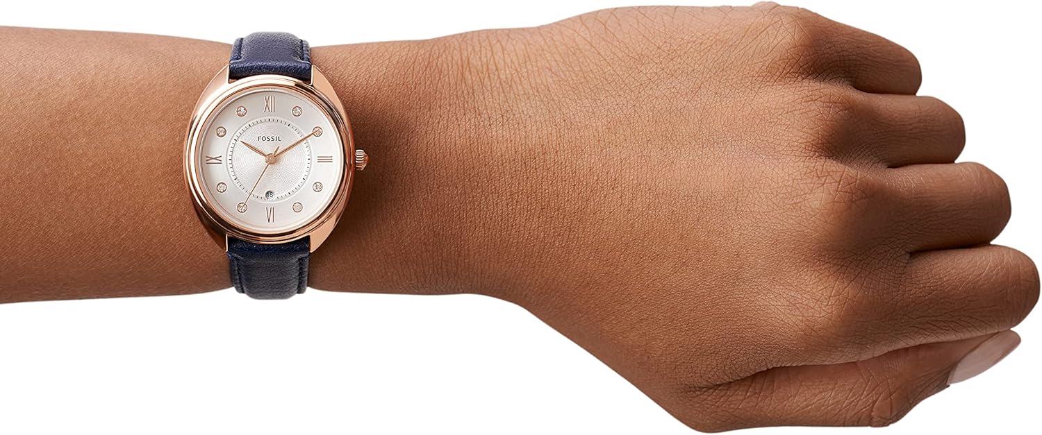 Fossil Women's Gabby Quartz Stainless Steel and Eco Leather Three-Hand Watch, Color: Rose Gold, Navy (Model: ES5116)