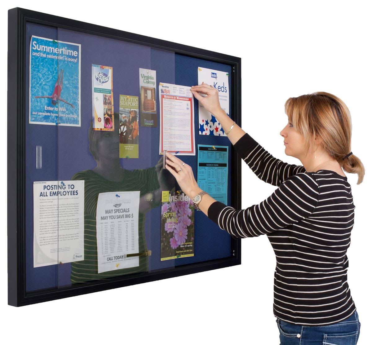 Locking Bulletin Board, 48 inch x 36 inch, Blue Fabric, Sliding Glass Doors (fbsd43bkbl), Black