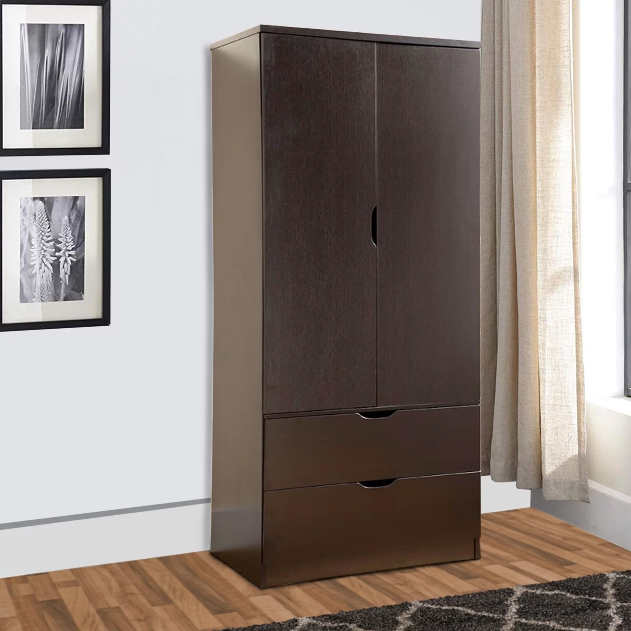 2 Door Wooden Wardrobe with Bottom Drawers Red Cocoa Brown- Saltoro Sherpi