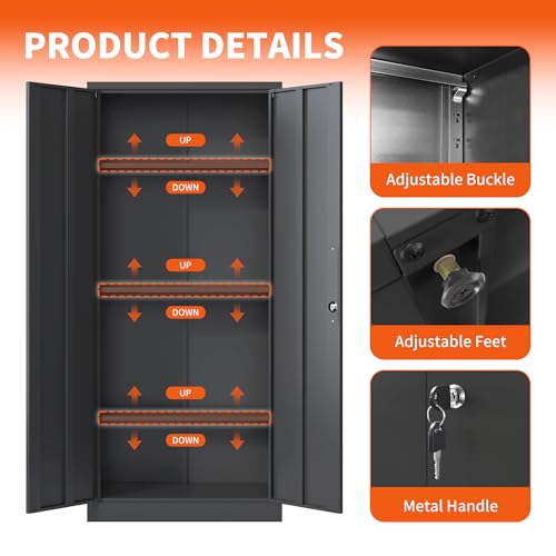 Metal Storage Cabinet with Wheels, Lockable Garage Cabinet with Doors and Shelves, Rolling Tool Storage, Assembly Required, Black