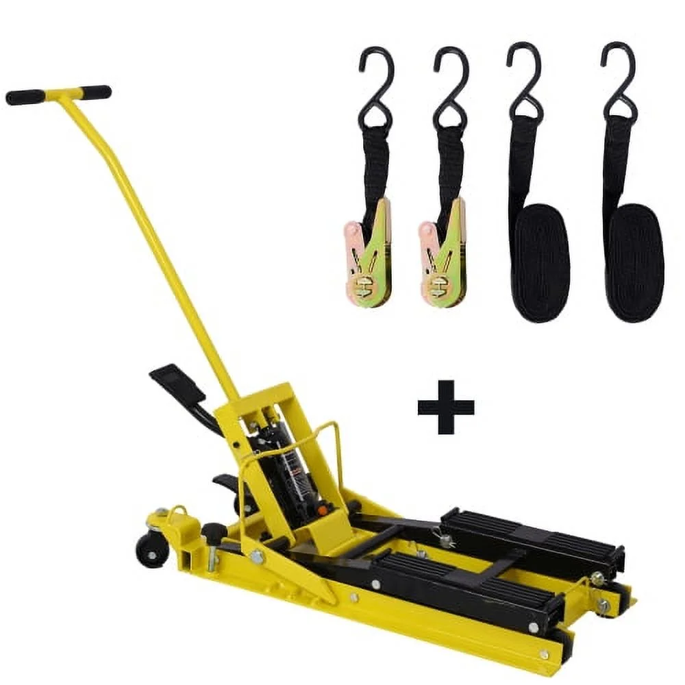 Hydraulic Motorcycle Lift Jack, 1500 LBS Capacity ATV Scissor Lift Jack, Portable Motorcycle Lift Table with 4 Wheels, Hydraulic Foot-Operated Hoist Stand with tie down yellow - Curated Treasures Market