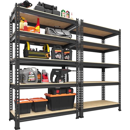 PrimeZone 2 Pack Storage Shelves 48" x 24" x 72" - 5 Tier Heavy Duty Adjustable Garage Storage Shelving, Metal Storage Utility Rack Shelf Unit for Warehouse Pantry Closet Kitchen, Black