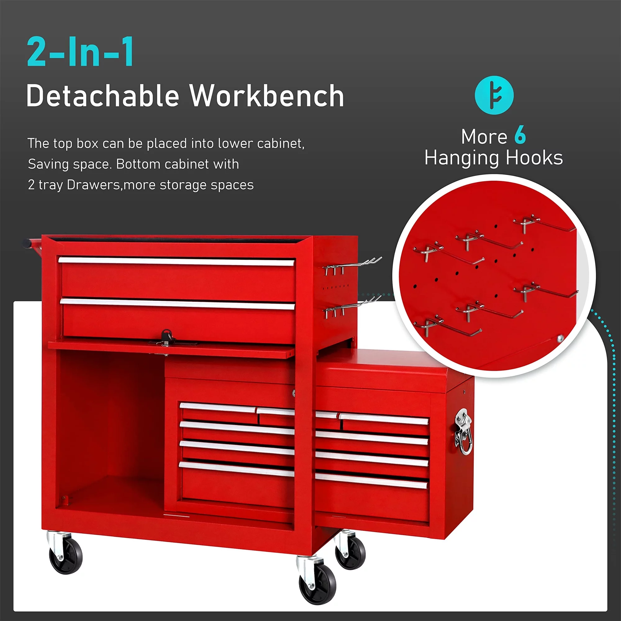 Aukfa Tool Chest, 2 in 1 Steel Rolling Tool Box & Cabinet On Wheels for Garage, 8-Drawer, Blue
