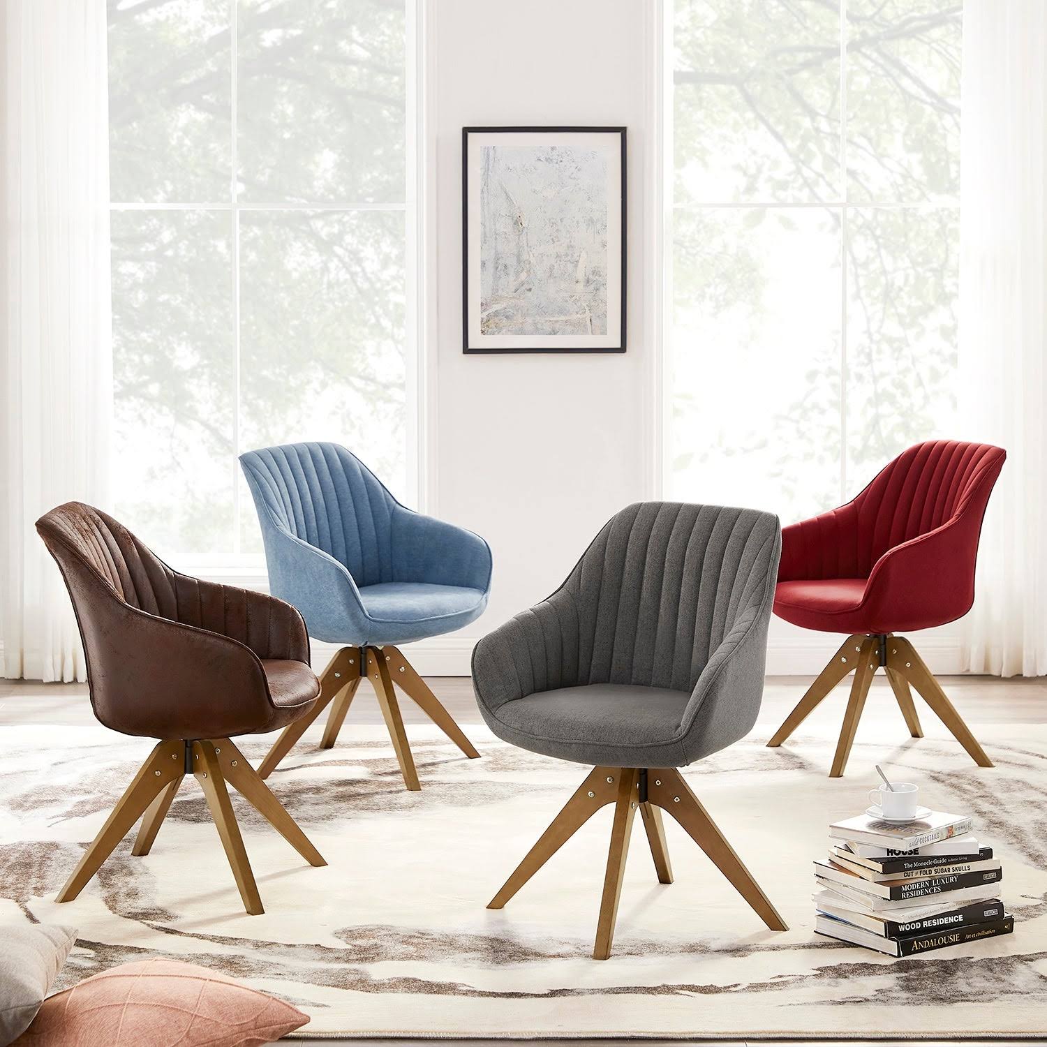 Art Leon Arthur Blue Fabric Mid-Century Swivel Office Accent Arm Chair with Wood Legs