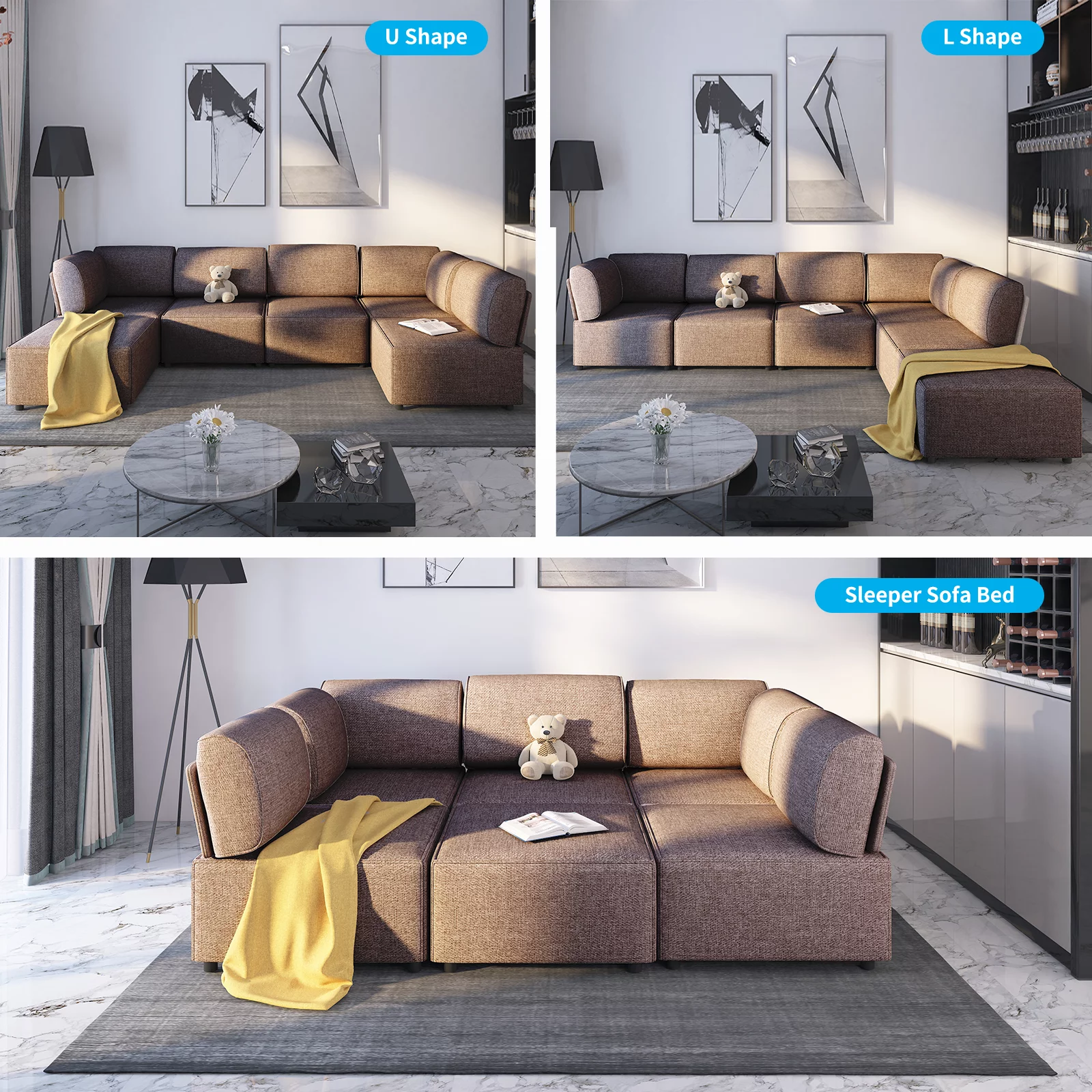 BALUS 120"W Sectional Sofa, Soft Cozy Lounge, Convertible Modular Long Couches, Free Combination U/L Shape, Linen Fabric, Real Wood Frame and Foam Seaters, Pets Friendly, for Apartment, 6PCS Brown