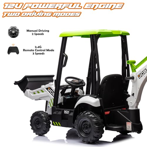 4 in 1 Ride on Tractor Truck, 12V Electric Vehicle Excavator & Bulldozer & Removable Tent, Licensed JCB Battery Powered Electric Construction Car w/Front Loader Bucket, Digger, Remote Control, Yellow