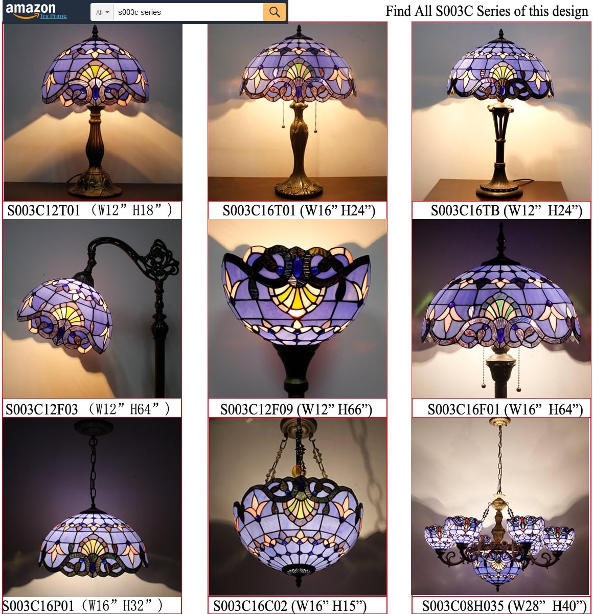 WERFACTORY Tiffany Lamp Stained Glass Table Lamp 12X12X18 Inches Blue Purple Baroque Style Lavender Bedside Reading Desk Light Decor Bedroom Living Room Home Office S003C Series