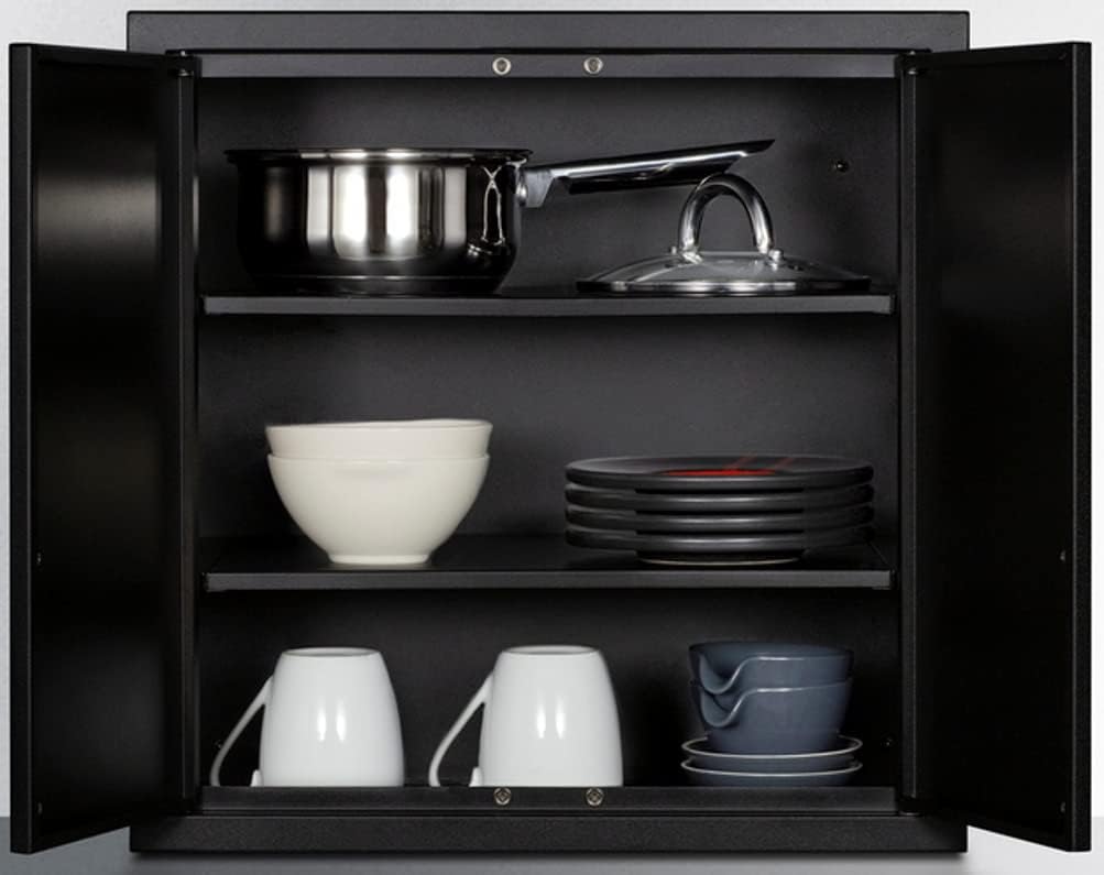 Summit Appliance CAB18TALLBLK 18' Wide Wall Cabinet with Powder Coated Metal Construction in a Black Finish with Two Shelves, French Doors, and Angled Steel Handles