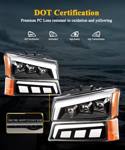 Partsam LED Headlights Assembly DOT Approved with Start-up Light DRL Sequential Turn Signal Hi/Low Sealed Beam Side Marker Lights Replacement for Silverado Avalanche 2003-2006