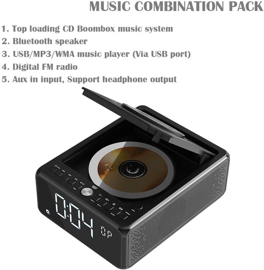 CD Player Boombox with Remote, Dual Alarm Clock Radio, Wireless Charger, Bluetooth Digital FM Radio, MP3/USB Music Player, Snooze & Sleep Timer, Dimmable Mirror LED Display,Black