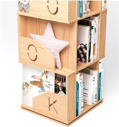 Rotating Wooden Bookshelf 360° Storage Display Rack Corner Bookcase Floor Standing Open Shelves for Living Room Organizer Decor