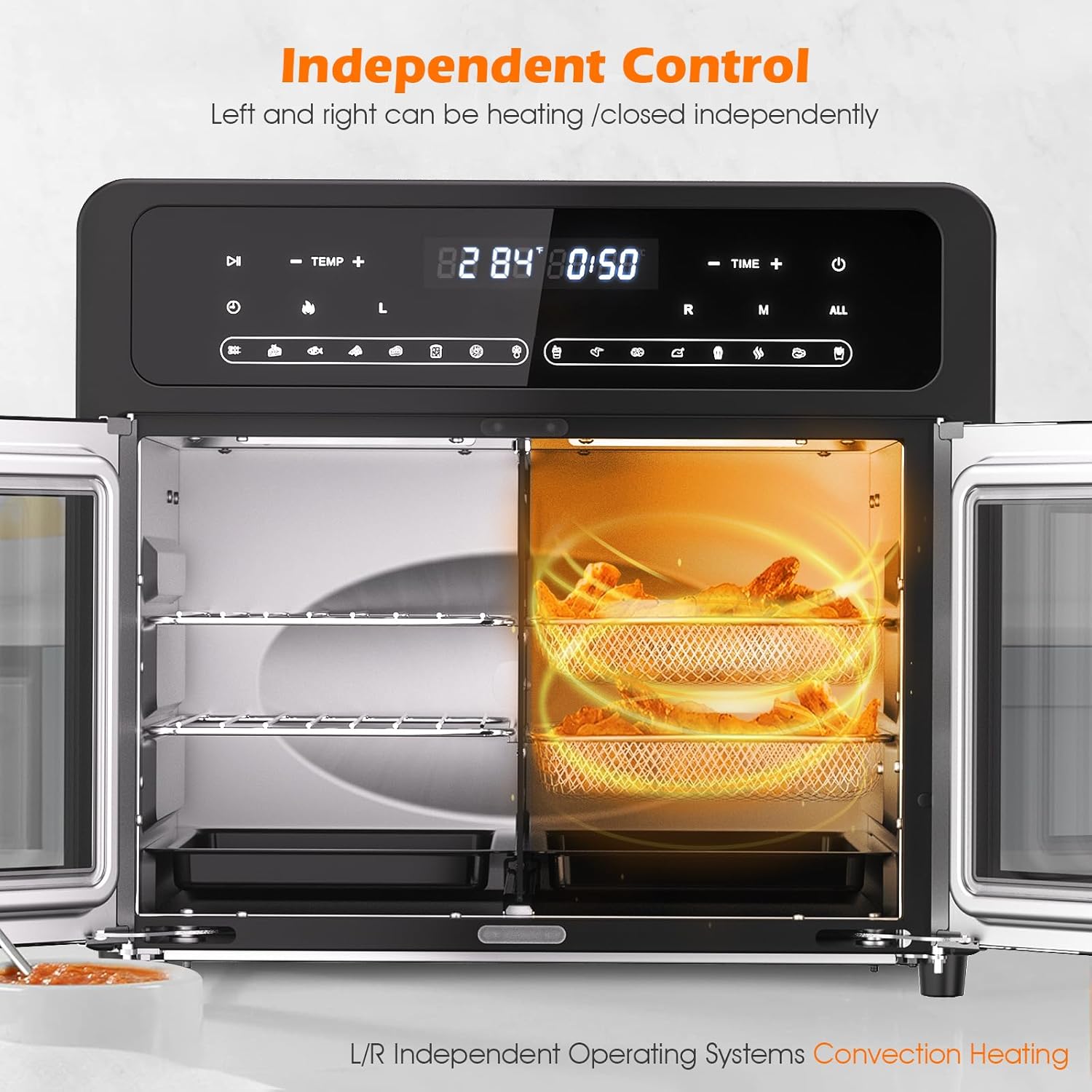 Toaster Oven Countertop, 360 Convection Oven with French Door, Digital Fryer Ovens, 16-In-1 Cooking Preset, Dual-Zone, 26L Large Size, Black