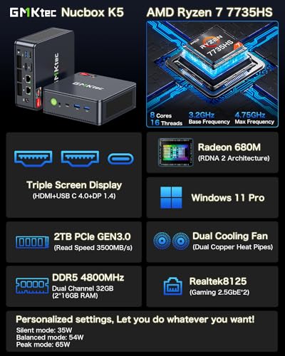GMKtec Mini PC AMD Ryzen 7 5700U Windows 11 Pro Dual NIC 2.5G Gaming Desktop Computers 16GB DDR4 512GB SSD Dual LAN 2.5G/ WiFi 6E, USB3.2, USB-C, BT 5.2, DP, HDMI, Dual Fan