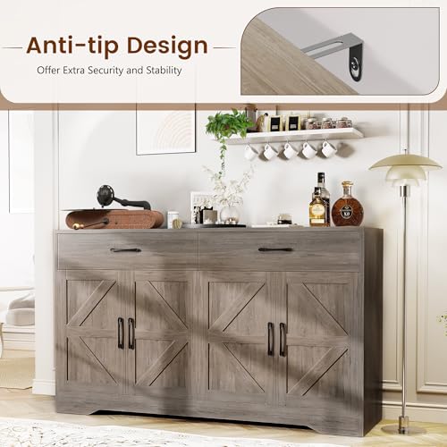 55" Sideboard Buffet Cabinet with Storage, Large Kitchen Storage Sideboard with Drawers & Doors, Modern Wood Farmhouse Coffee Bar Cabinet, Buffet Table for Kitchen, Dining Room, Living Room, White