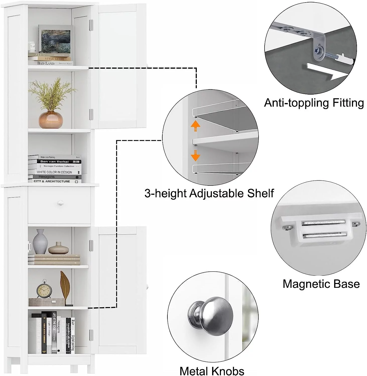 YINCHEN Tall Bathroom Floor Cabinet with Glass Doors, Narrow FreeStanding Storage Cabinet with Adjustable Shelf, Wooden Bathroom Storage Cabinet, Pantry with Drawer, White BMGZ105W