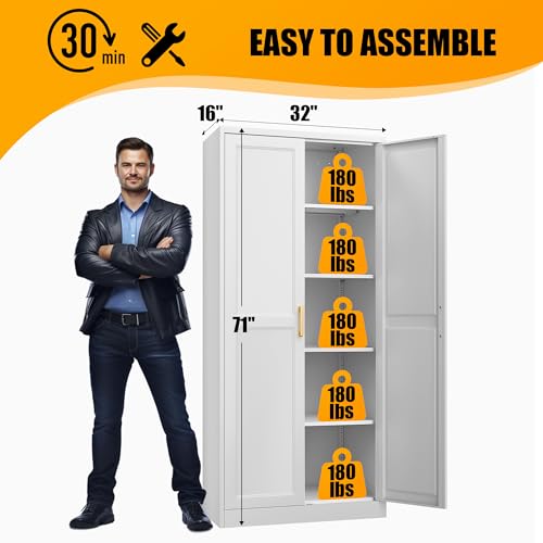 71" Tall Metal Storage Cabinet, Kitchen Pantry Storage Cabinets with Doors and 4 Shelves, White Pantry Cabinet, Utility Kitchen Cupboard, Large Steel Cabinets for Dining Room, Office, Living Room
