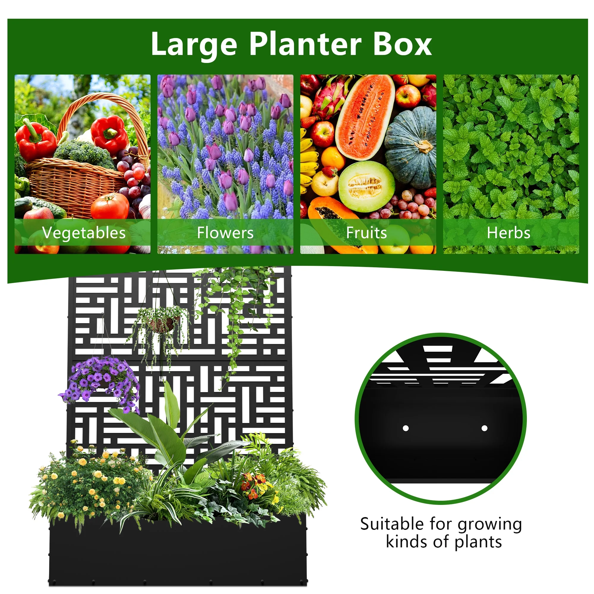 FOOWIN 71'' H Metal Planter with Trellis, Outdoor Raised Garden Bed for Climbing Plants, Trellis Planter Box with Drainage Hole, Black, 1PC
