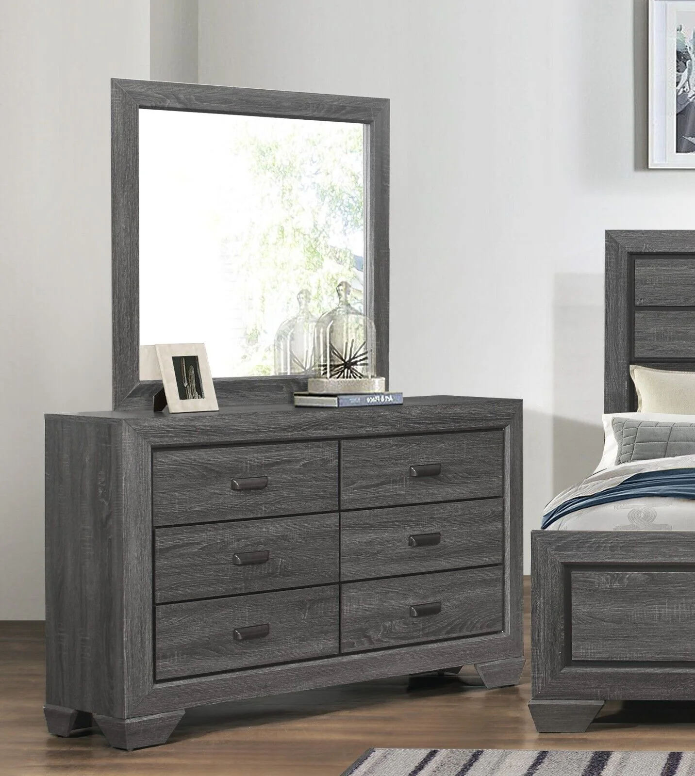 Contemporary 5pc Queen Size Bedroom Set Gray Finish Bed Dresser Mirror Nightstand Wooden Bedroom Furniture