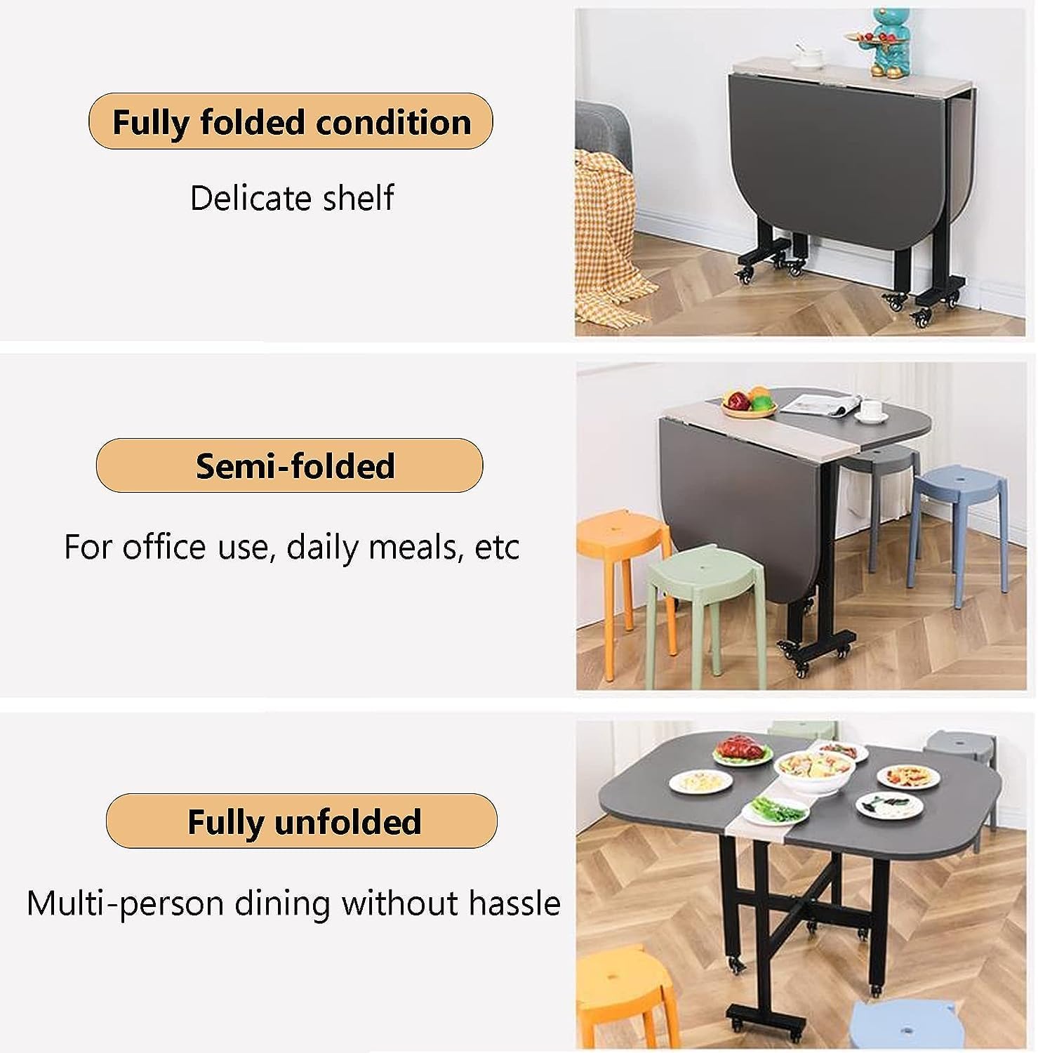 Folding Dining Table, Extendable Dining Table, Solid Wood Kitchen Table, Space Saving Compact Folding Dining Room Table, Drop Leaf Table