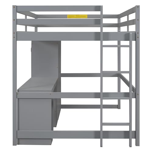 Full Size Loft Bed with Wardrobe, Desk, Storage Drawers, Large Storage Space, Space-Saving Design, Solid Pine Wood, MDF Build, Modern Design, Noise-Free, Safety Features, Ideal for Kids, Gray