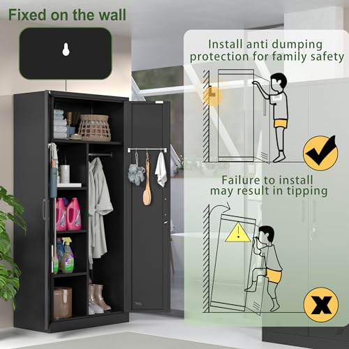 Steel Armoire Wardrobe Closet, 71" Metal Clothing Storage Cabinets with 2 Doors, 1 Adjustable Shelf and 2 Drawers, Metal Wardrobe Cabinet with Hanging Rod for Bedroom, Gym, Cloak Room (Black)